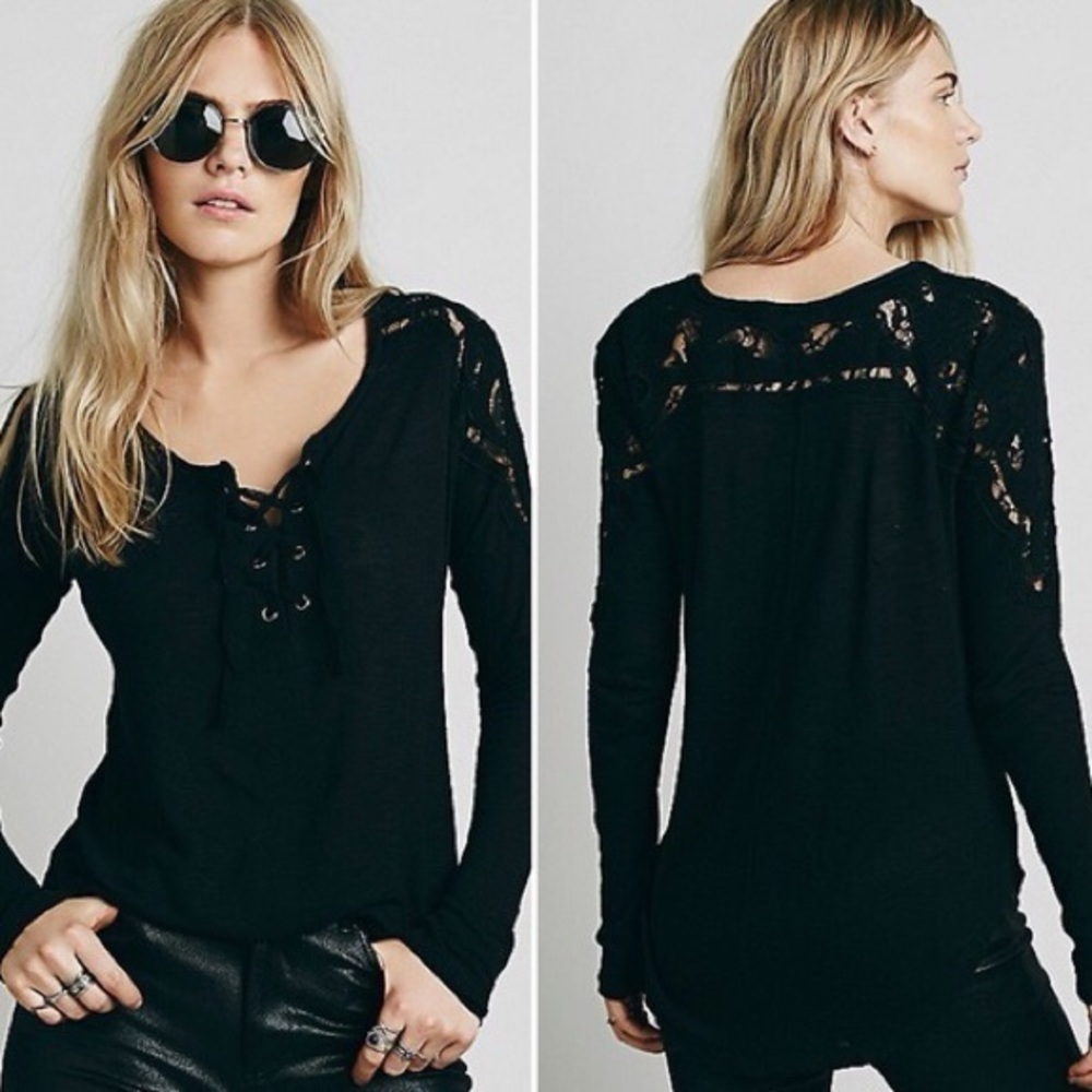Free People Black Lace-Trim Lace-Up Long Sleeve Tee